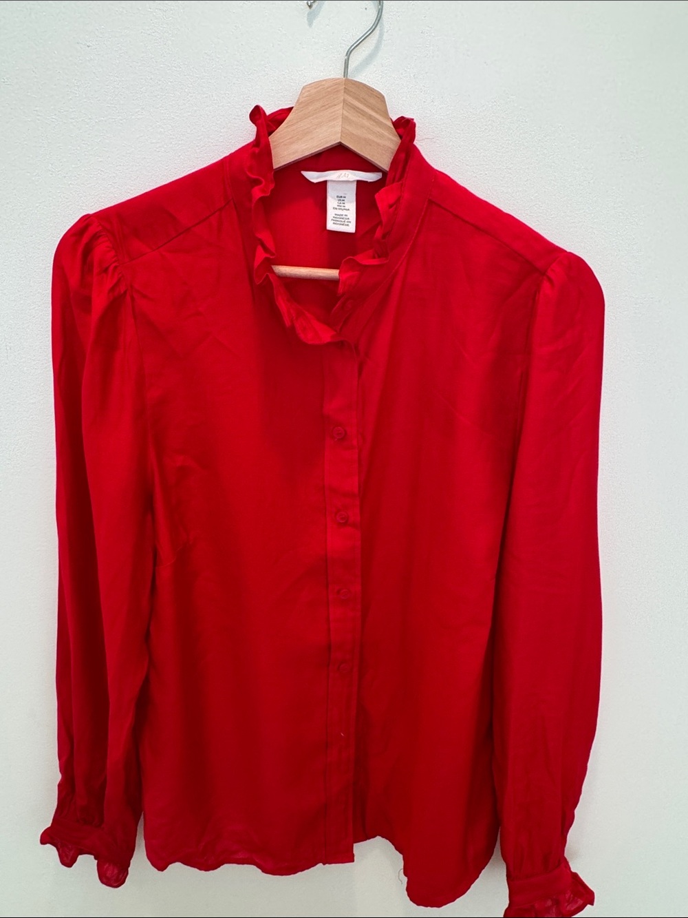 H & M Red Ruffle-Neck Button-Up Blouse - Women